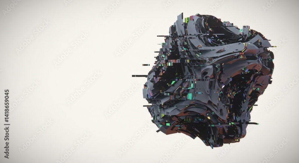 Poster abstract 3d render of a complex geometric structure: a futuristic digital sculpture with iridescent 