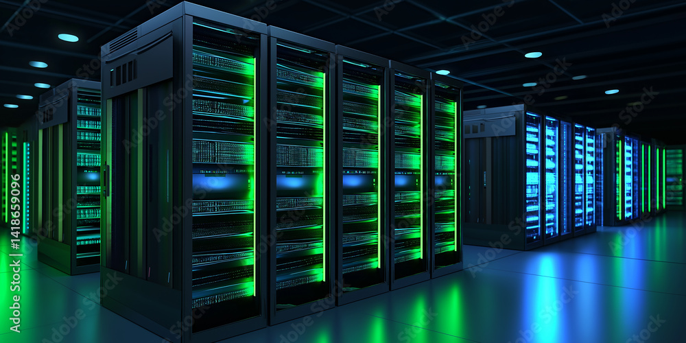 Poster server room hosting big data with futuristic green and blue lights