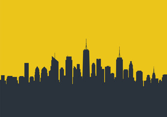 Obraz premium Night skyline silhouette. This image shows a city skyline silhouette against a glowing yellow background, featuring modern skyscrapers and urban structures. Vector clipart illustration design.
