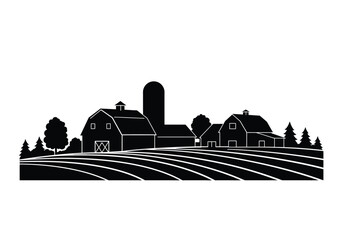 Farm skyline silhouette. This image shows a rural farm scene with barns, silos, trees, and fields in a black and white silhouette style. Vector clipart illustration design.