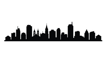 Naklejka premium Town skyline silhouette. This image shows a town skyline silhouette with various buildings, including houses, churches with spires and crosses, and towers. Vector clipart illustration design.