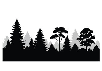 Fototapeta premium Tree skyline silhouette. This image shows a serene forest skyline in silhouette form, featuring various tree shapes including evergreen species. Vector clipart illustration design.