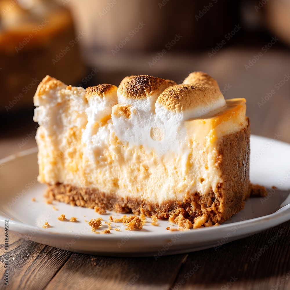 Poster Delicious slice of creamy cheesecake topped with toasted marshmallows on a wooden table : Generative AI