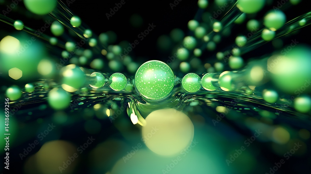 Poster Abstract close-up view of glowing green spheres in a dynamic flowing pattern of energy : Generative AI