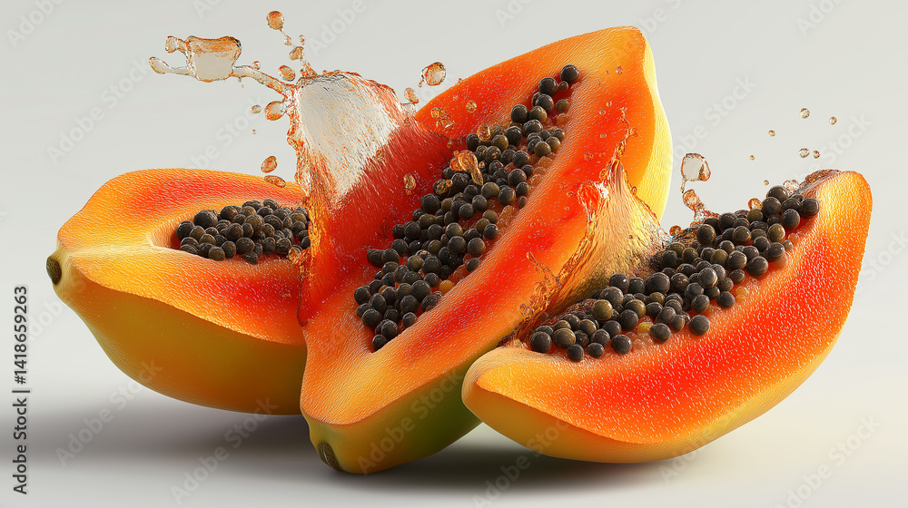 Aufkleber sliced papaya splashing with juice on white background