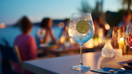 Cocktail on a table, party with friends, gin tonic, family, people having fun, alcohol, fancy, beautiful view, lemon slice, luxury, summer night, bar and restaurant, fresh beverage, lime