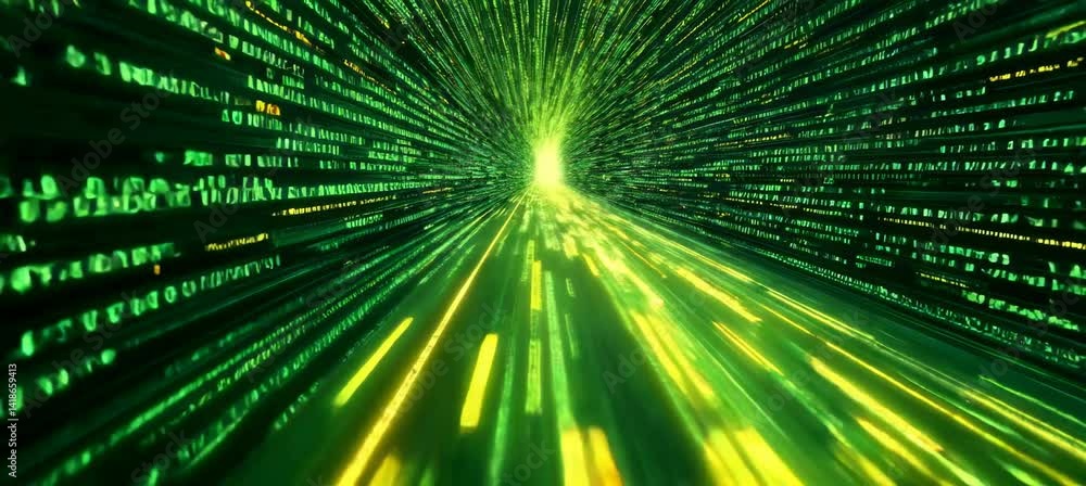 Poster Green matrix virtual digital cyber portal teleport background. Generative video AI technology.	
