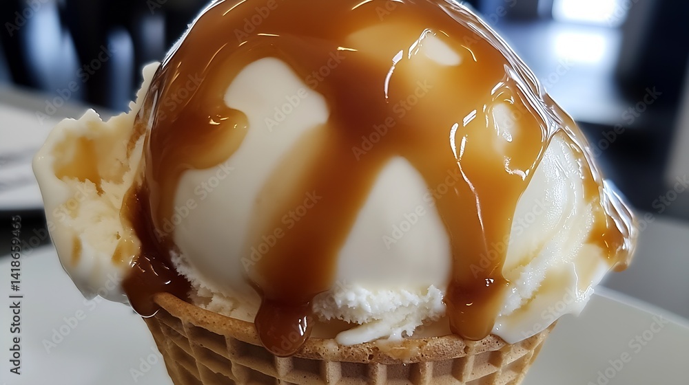 Poster delicious close up of a creamy ice cream cone drizzled with caramel syrup on a bright day : generati