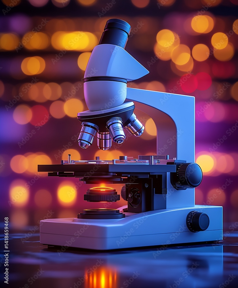 Leinwandbilder High-quality laboratory microscope on a table with artistic blurred lights in the background for scientific exploration : Generative AI