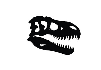 Dinosaur skull silhouette. This image shows a black silhouette of a dinosaur skull with sharp teeth and detailed bone structure, representing prehistoric fossils. Vector clipart illustration design.