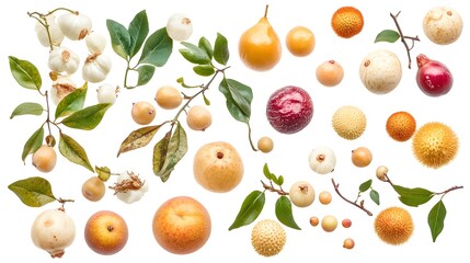Exotic Fruits with Leaves, and White Background.