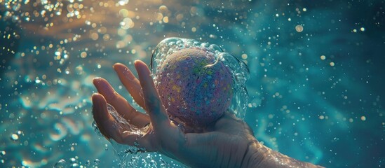 Underwater view of someone's hand reaching for a bath bomb, bubbles and light creating an abstract and playful scene