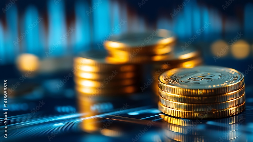 Poster stack of shining bitcoin coins on a backdrop of finance and economic graphs : generative ai