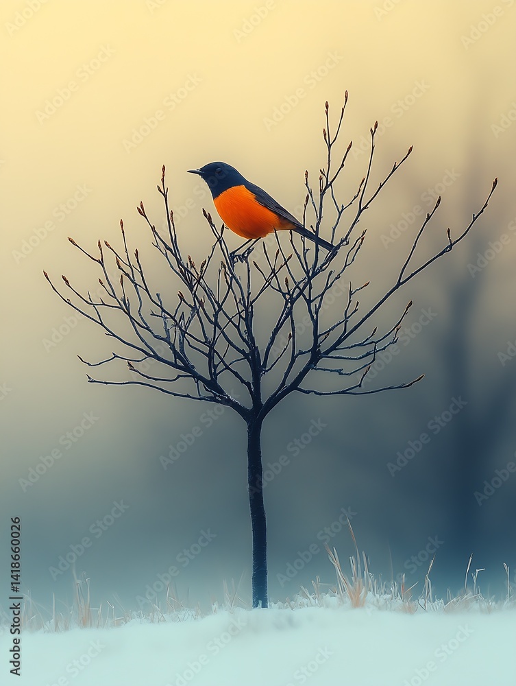 Poster a vibrant orange bird perched on a bare tree branch in a misty landscape : generative ai