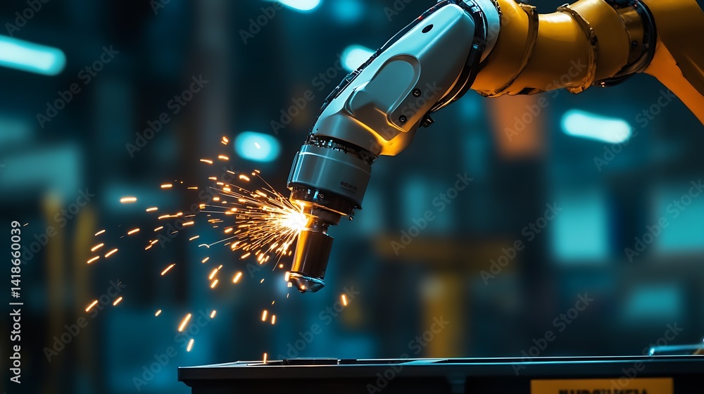 Poster Advanced robotic arm performing precision welding in an industrial setting with sparks flying : Generative AI