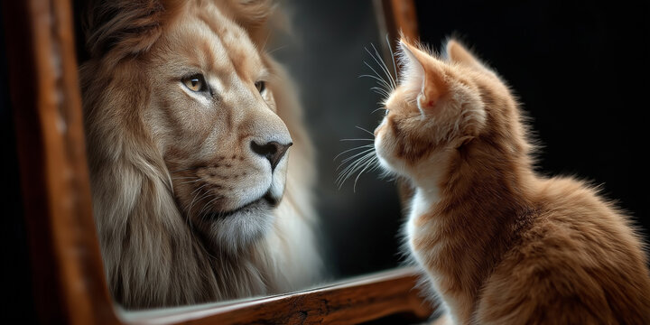 Kitten admiring lion reflection in mirror: overcoming fear and building confidence