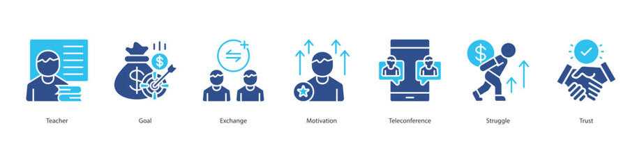 Mentoring Process icon sheet vector teacher, goal, exchange, motivation, teleconference, struggle, trust