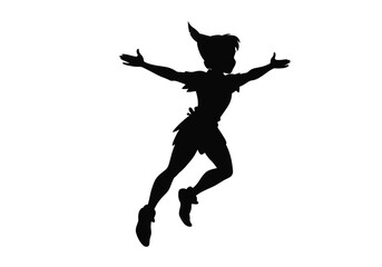 Peter Pan silhouette. This image shows the silhouette of Peter Pan, known for his ability to fly and adventurous spirit, embodying timeless fantasy and freedom. Vector clipart illustration design.