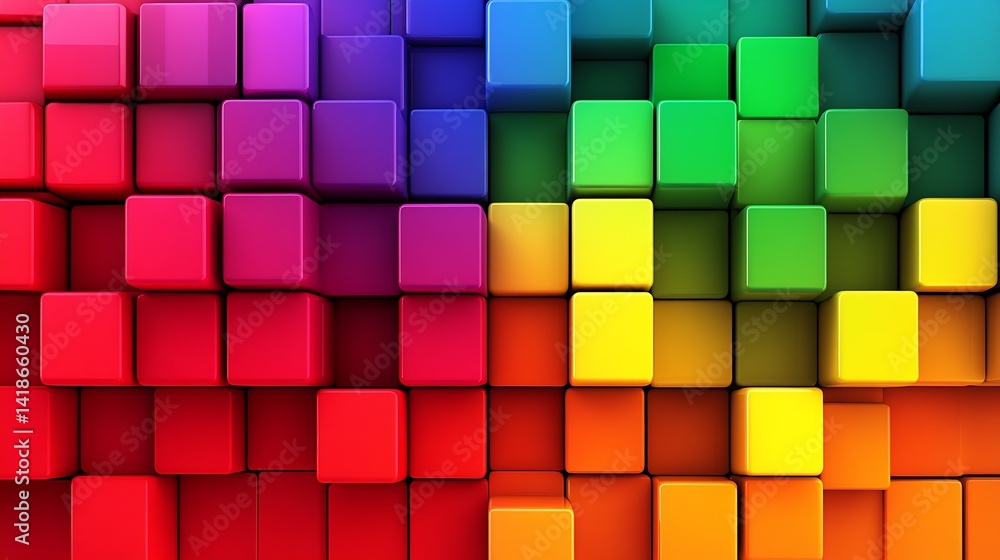 Poster Colorful arrangement of cubic blocks in various shades forming a vibrant and lively geometric pattern : Generative AI