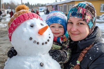 Outdoor fun with snow for toddler boy and girl and woman in wint