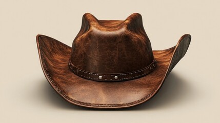 Brown leather cowboy hat with decorative stitching.