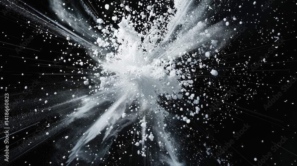 Poster an artistic representation of white spheres exploding against a black background, creating a dynamic