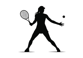 Female tennis player silhouette. This image depicts a silhouette of a female tennis athlete holding a racket, preparing to strike the ball during a match. Vector clipart illustration design.