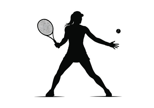 Female tennis player silhouette. This image depicts a silhouette of a female tennis athlete holding a racket, preparing to strike the ball during a match. Vector clipart illustration design.