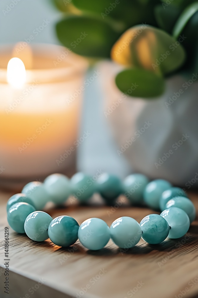 Poster elegant jade stone bracelet with candles and greenery creating a serene atmosphere : generative ai