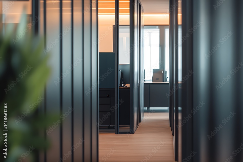 Poster inside view of a modern office featuring sleek work spaces and a clean, organized design aesthetic :