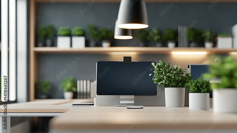 Poster modern office workspace showcasing a sleek computer setup surrounded by vibrant potted plants and mi