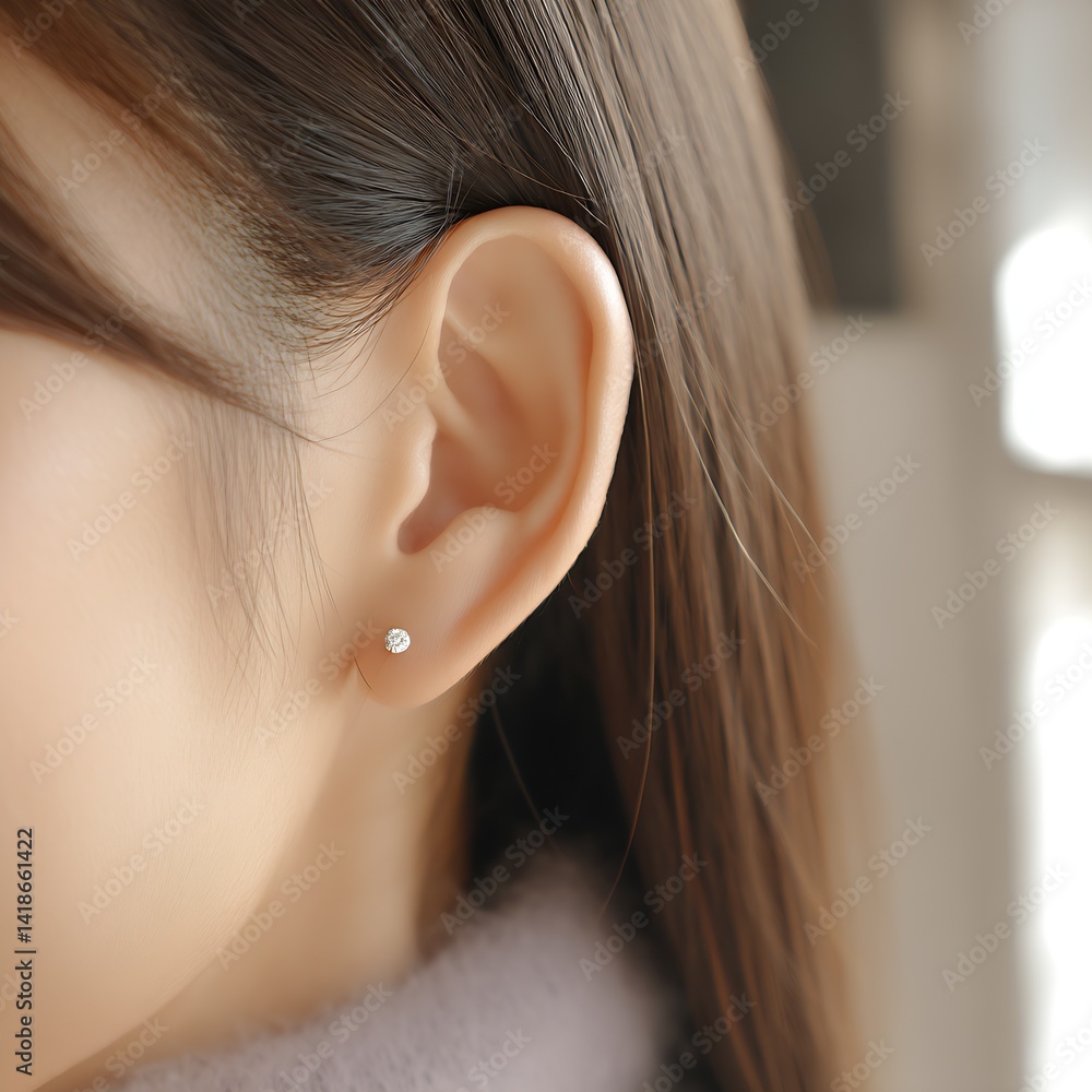 Aufkleber close-up view of a woman's ear adorned with a beautiful diamond stud earring capturing elegance and 