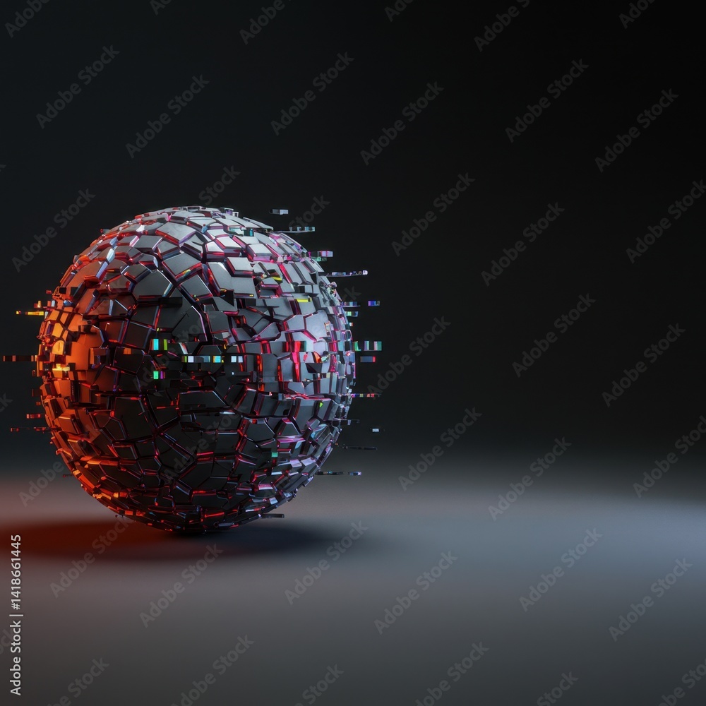 Poster abstract 3d render of a fractured metallic sphere with glowing fragments
