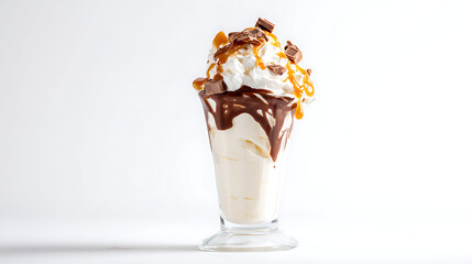 vanilla Ice cream in a glass with melted chocolate on top, chocolate sauce, caramel, on a white background, sundae for dessert, sweet ice cream, packshot of food,
