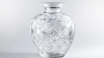Ornate, frosted glass vase with floral relief carving.