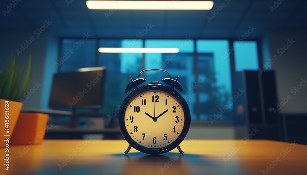 Poster vintage styled black alarm clock on a wooden desk in a soft lit modern office setting : generative a