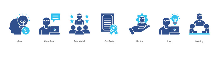 Mentorship icon sheet vector ideas, consultant, role model, certificate, mentor, idea, meeting