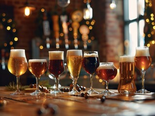 Assortment of Beer Glasses on a Wooden Table
