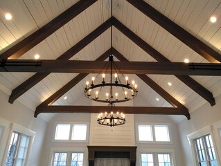 Chandelier and Exposed Wooden Beams in a Modern Home