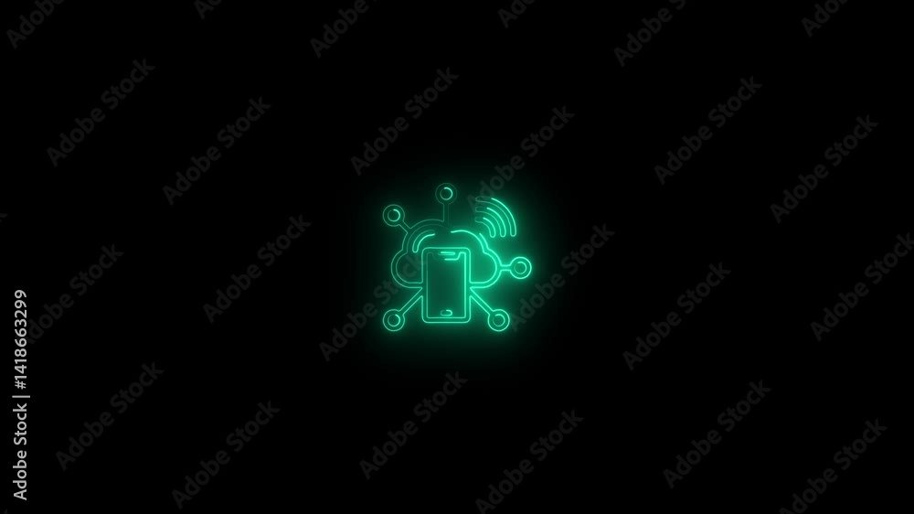 Poster glowing neon internet of things icon.5g mobile network on smart phone.wireless network, mobile techn