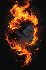 "Striking digital illustration of a fierce young woman in profile, engulfed in dynamic, realistic flames. Her expression is calm and determined, contrasted by the wild fire cascading through her hair 