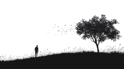 The image presents a minimalist, high-contrast monochrome composition.  A stark silhouette of a human figure stands in a field of subtly textured