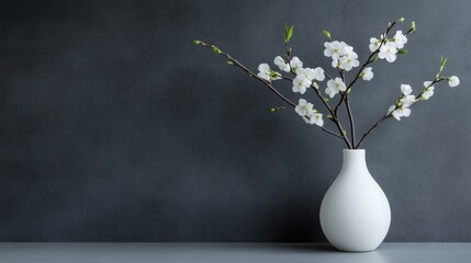 Delicate white blossoms in a simple vase against a dark backdrop.  Springtime serenity