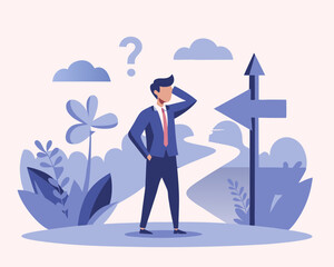 Business crossroads, finding solution or direction for success, confusion or what next challenge, opportunity choice or alternative concept, confused businessman at the crossroads thinking way to go