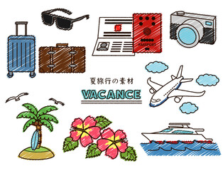 手書き風夏旅行のシンプルなカラーイラストセット