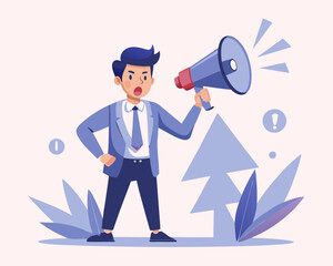 Warning message, shouting alert or danger warning, important message on loud speaker, emergency attention, safety or urgency scream concept, businessman shouting on megaphone with exclamation point

