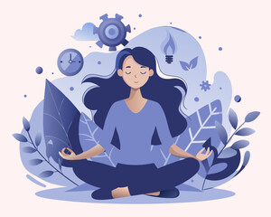 Stress management, meditation or relaxation to reduce anxiety, control emotion during problem solving or frustration work concept, woman in lotus meditation on chaos mess line with positive energy

