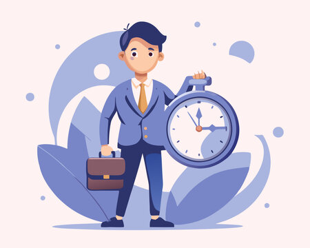 Punctuality, being on time for appointment or schedule, finish work within deadline or timing, meeting reminder or time management concept, punctual businessman holding clock with precise timing