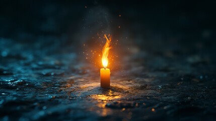 Fototapeta premium Single Candle Flame Illuminating Dark and Mysterious Environment