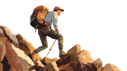 A stylized illustration depicts a male hiker ascending a rocky mountain path.  The illustration employs a painterly, almost watercolor-like style with visible brushstrokes